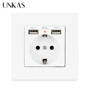 

UNKAS PC Plastic Panel Wall Socket Dual USB Charging Port 2.1A 16A Russia Spain Wall Socket EU Power Outlet