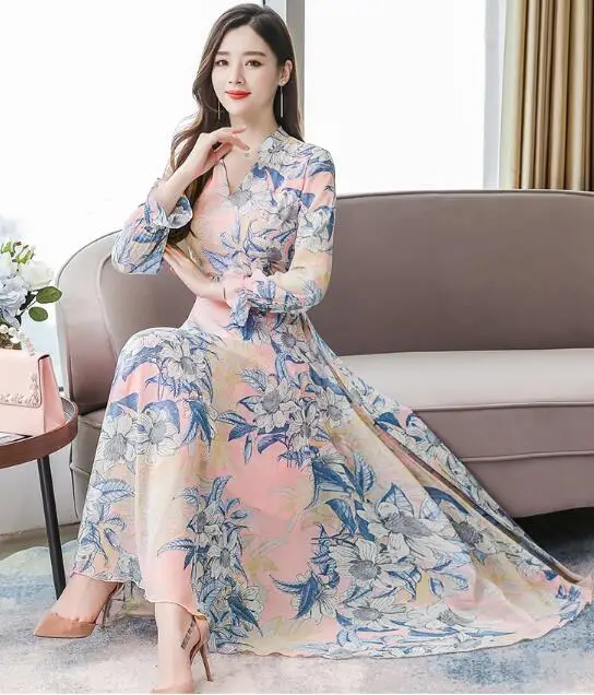 

Bohemian Style Elegant 2019 Autumn New Arrival High Quality V Collar Flower Printed Woman Chiffon Long Dress
