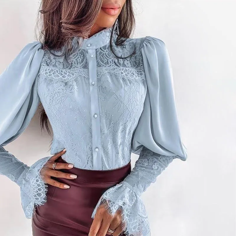 Light Blue Сексуальная Кружевная блуза с расклешенными рукавами, рубашка, Повседневная Офисная Женская блузка со стоячим воротником, элегантные весенне-осенние женские топы на пуговицах, Blusas Mujer - Цвет: Light Blue