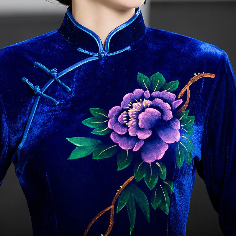 Мандарин Воротник Qipao элегантный леди цветок Cheongsam синий сексуальный тонкий вечернее платье бархат Винтаж с высоким разрезом велюр Vestidos