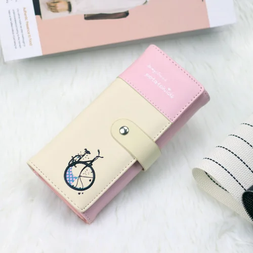 pink Мультяшный велосипедный женский кошелек, клатч, кошелек, женский кожаный Длинный кошелек, держатель для карт, деловой кошелек, сумка, большой вместительный кошелек - Цвет: pink