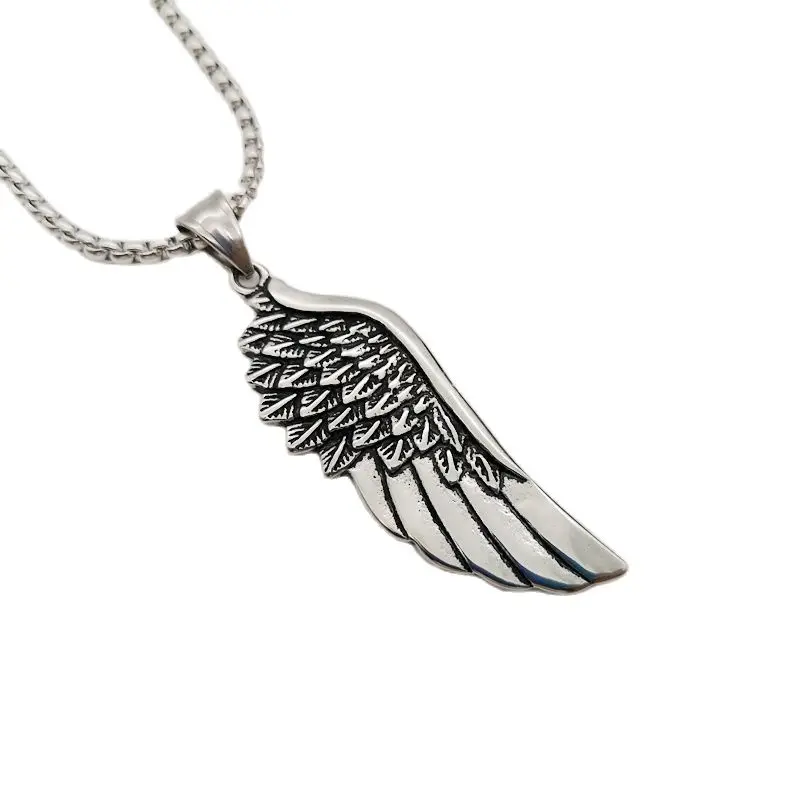 

Silver color 316L Stainless steel Feather wing pendant necklace mens Good quality snake chain fashion feather necklace