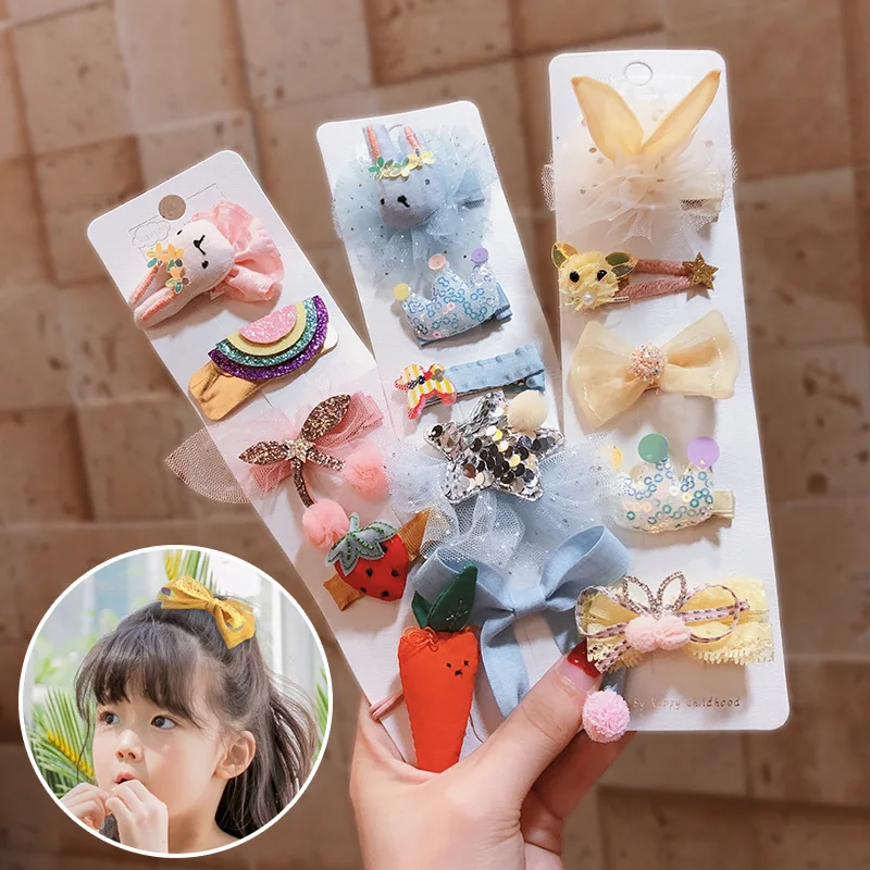 

M MISM 1Pack=5pcs Cute Cartoon Children Hairpins Barrettes Set Bow Rabbit Hair Clips Elastic Hair Band Kids Hair Accessories