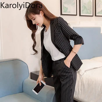 

Fashion 2020 spring new style five-pointed sleeves striped suit collar small suit + nine-point pants two-piece suit