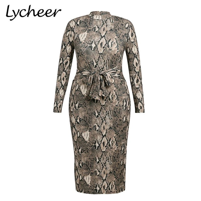 Lycheer/Сексуальное Женское Платье с принтом змеи, большие размеры, шикарное вечернее платье с длинными рукавами, элегантное тонкое осенне-зимнее модное платье - Цвет: Коричневый