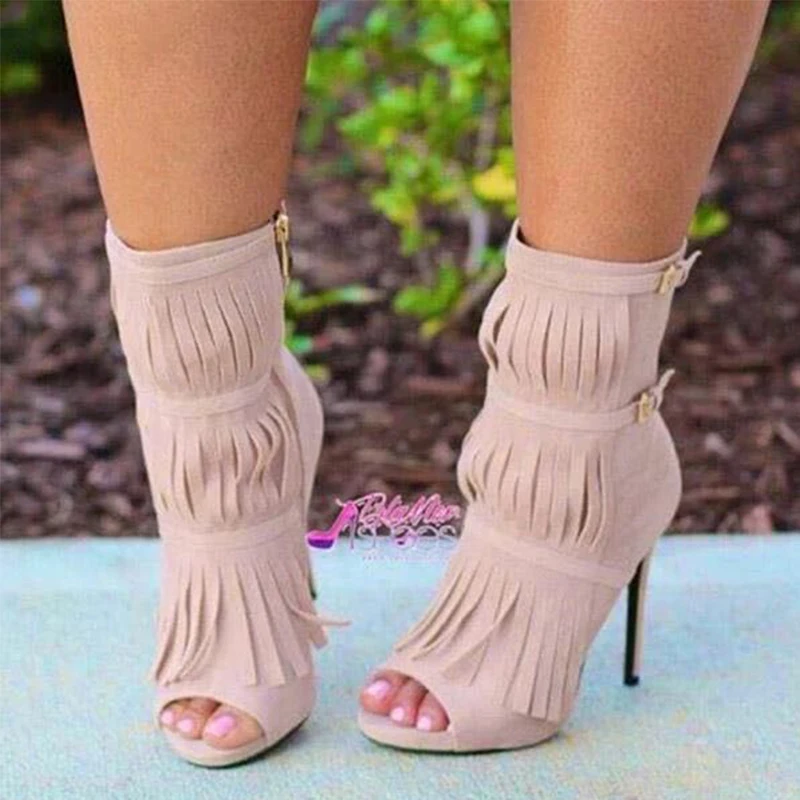 

2020 New Pointed-Toe Boots High Heels For Women Sexy Fish-Mouth Cool Boots Fish Toe Tassel Fashion Zipper Party Shoes 36-43