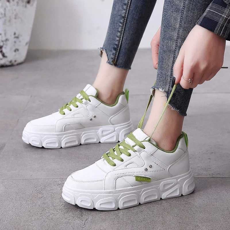 

White Shoes Women's 2019 Winter New Style Korean-style Platform Heel Thick Bottomed WOMEN'S Shoes Solid Color Lace-up plus Velve