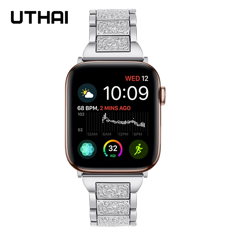 UTHAI P50 ремешок из нержавеющей стали для Apple Watch 44 мм 40 с бриллиантами iwatch6 5 SE 4