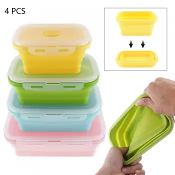 

4pcs/lot 350/500/800/1200 ML Portable Rectangle Silicone Scalable Bento Box with Silicone Sealing Plug for -40~230 Centigrade