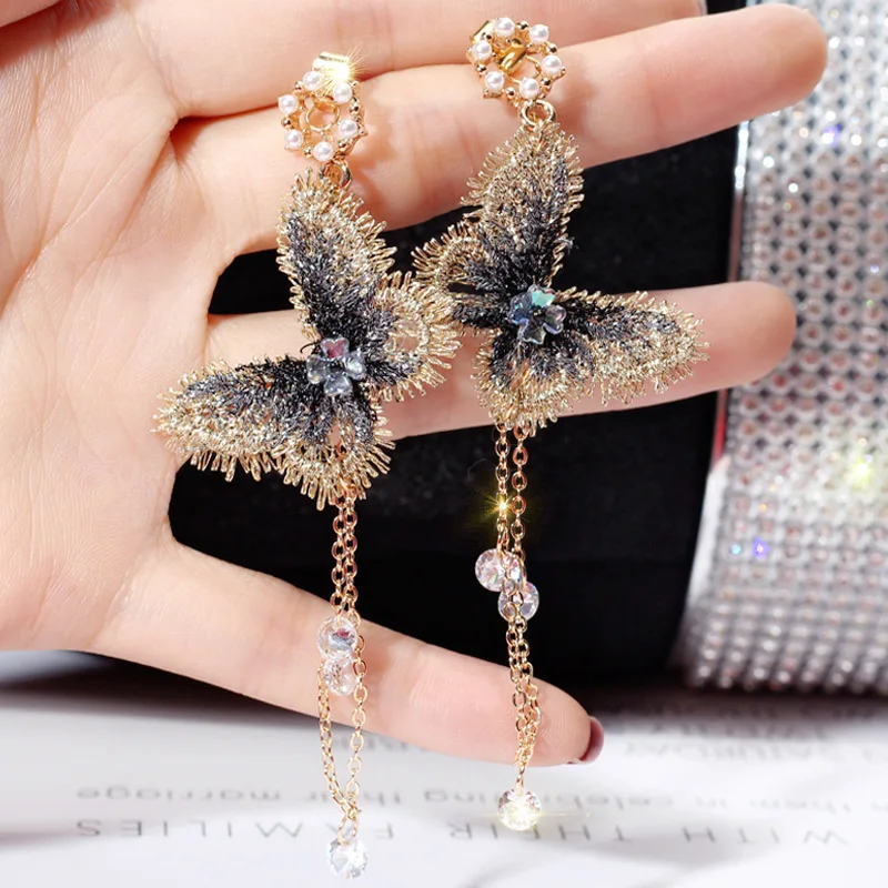 

2019 New Fashion Pearl Crystal Long Tassel Drop Earring Handmade Embroidery Butterfly Dangle Earrings For Women