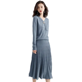 

2019 autumn new style small fragrance temperament ladies fashion slim casual sweater pleated skirt two-piece suit women