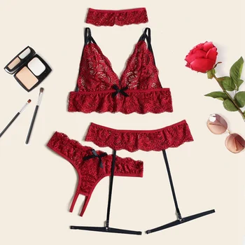 

4 Piece Lace Garter Belts Sexy Harness Underwear Womens Lingerie Babydall Porno Hollow Out See-though Bra & Panty Set Nightwear