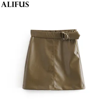 

Fashion Za Women Mini Skirts 2019 Sexy PU Leather With Belt Skirt Elegant High Waist Streetwear A-Line Female Ladies