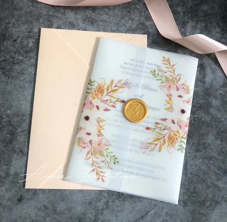 

Peach Vellum Paper Wedding Invitation with Envelope AI019