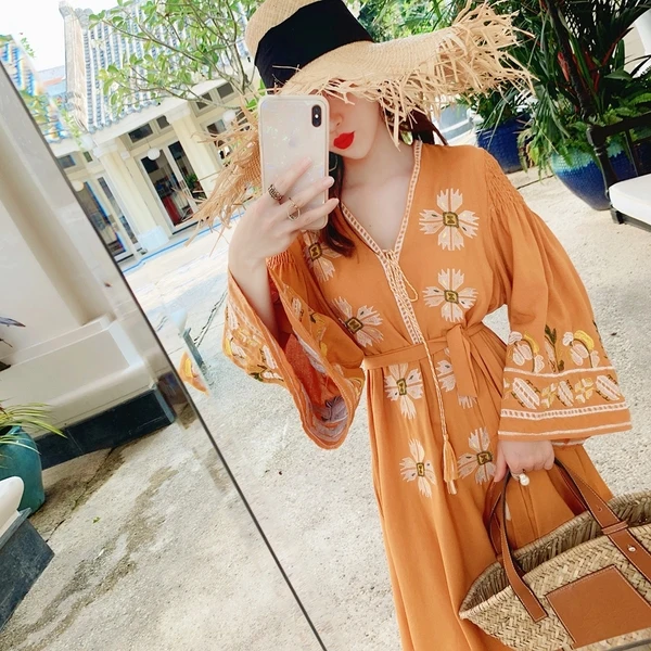 Женское длинное богемное пляжное платье boho осень длинное богемное платье для пляжного отдыха с вышивкой из хлопка и льна с расклешенными рукавами свободные vestidos