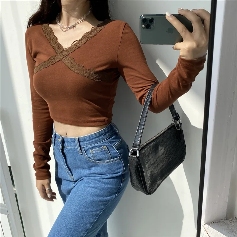 New Women's V-neck Lace Trim Knitted Top Long Sleeve Pure Color Slim Short T-shirt Sexy Undershirt Ladies Street Wear