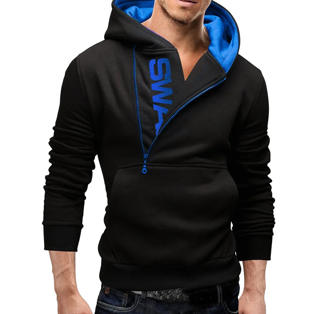 Осенняя модная мужская повседневная с напечатанными буквами на молнии сбоку кашемировый свитер Мужская Верхняя одежда Топ мужские толстовки спортивный дизайн - Цвет: black blue