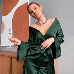 2021 Home Suit For Women Sleepwear Loose Flare Pants Three Quarter Sleeve Satin Robe Sets Bathrobe For Home Wear Fashion