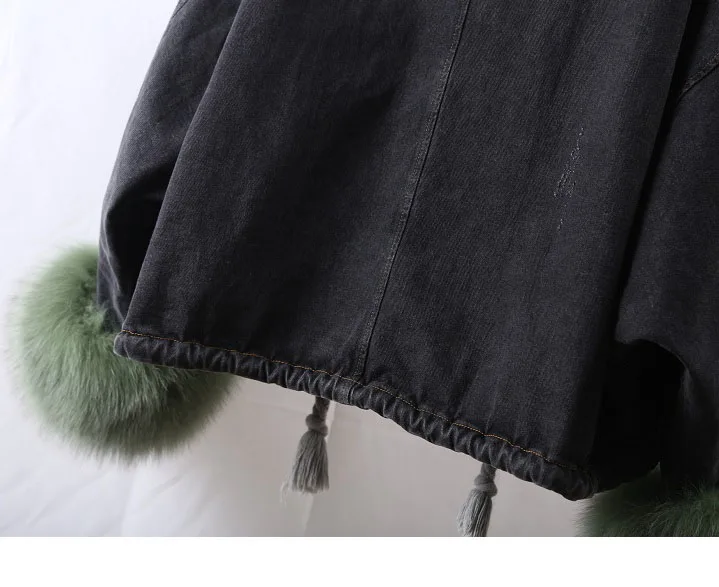 Зимнее пальто из джинсовой ткани с натуральным лисьим меховым воротником куртка с мехом кролика рекс Новая Модная парка толстый помпон из натурального меха пальто