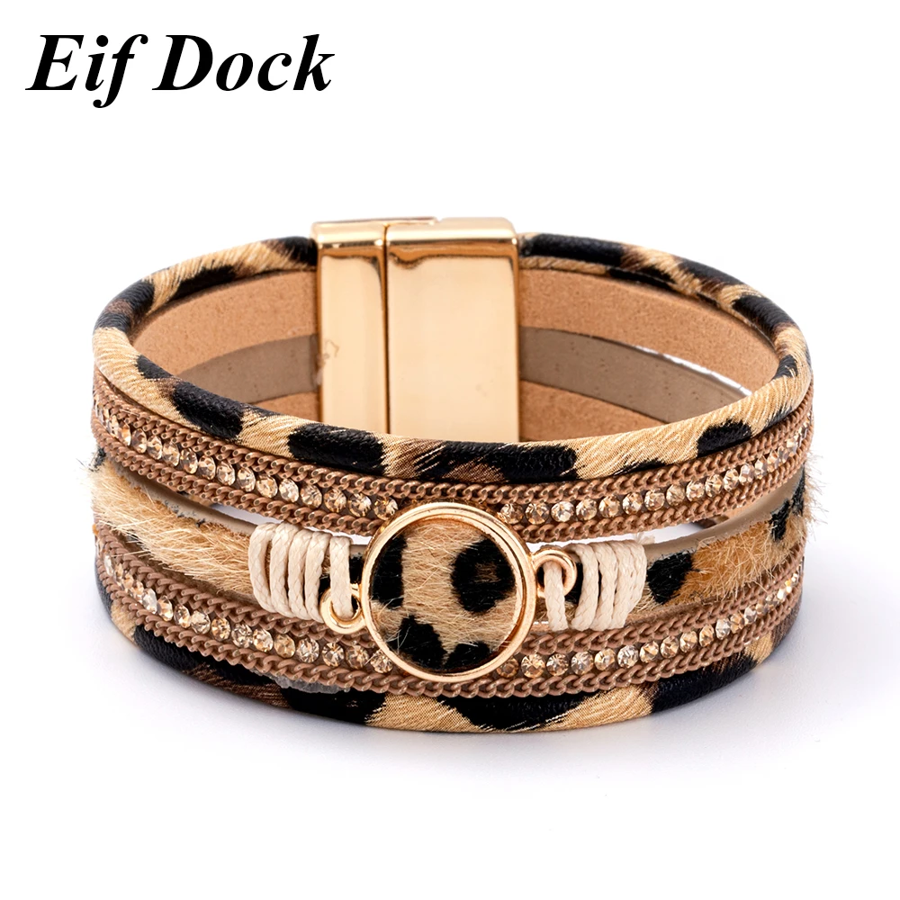 

Eif Dock Leopard Leather Bracelet Women Bohemian Jewelry 2021 Fashion Ladies Wide Boho Multilayer Wrap Bracelets Dropshipping