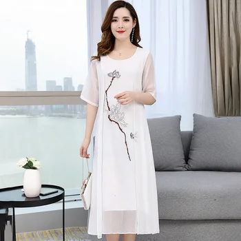 

Women Dress Suit Vintage Retro Floral Flower Chiffon Embroidery Chinese Two Piece Set Clothes For Wedding Guest Mother Plus Size