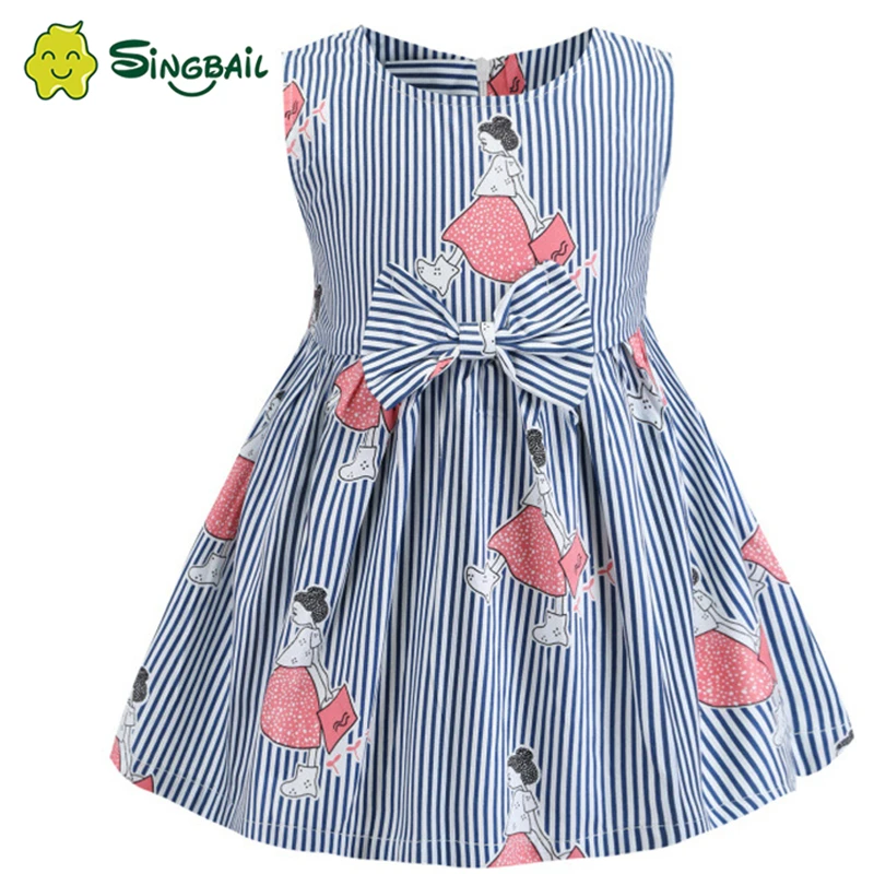 

Girls Dresses 2020 New Children'S Clothing Printed Cartoon Round Neck Sleeveless Stripe Dress Kids Clothes For Girl Vestidos YX0