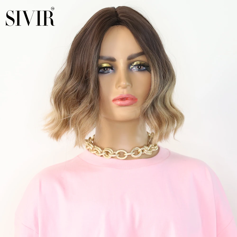 

Brown to Light Blonde Ombre Hair Medium Natural Wave Layered Bob Synthetic Middle Part For Women Heat Resistant Cosplay Wigs