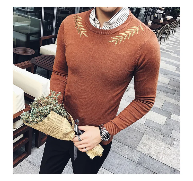 Embroidery Male Sweaters For Men Camisolas Homens Black White Grey Brown Stylish Slim Fit Elegant Sweater Hombre Kazak Erkek