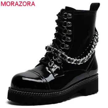

MORAZORA 2020 Newest patent leather shoes women ankle boots chain cool square heels platform boots fashion punk shoes female