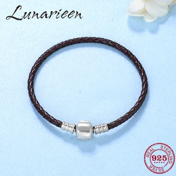 

100% Genuine Brown Leather rope Bracelets 925 Sterling Silver Women Weave Snake charms chain jewelry fashion 2018