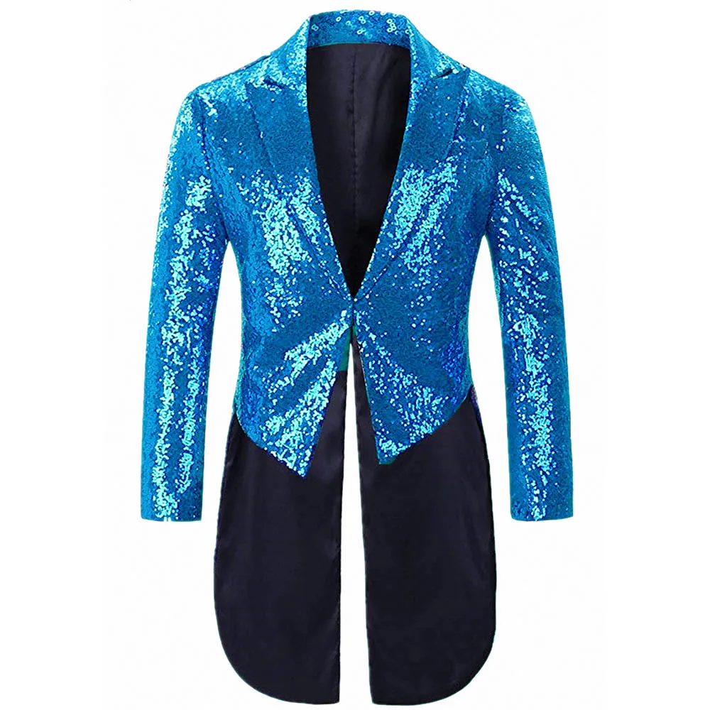 Мужской Блестящий фрак с блестками для ужина, свадьбы, жениха, Длинный блейзер для выпускного, танцев, косплей, костюм, блестящая куртка мага - Цвет: Blue