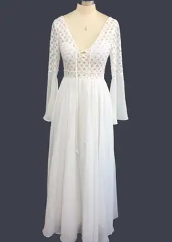 

Sexy Backless Deep V-Neck Long Sleeves Beach Lace Chiffon Wedding Dress Beaded Crystals Bohemia Long Bridal Gowns Full Length