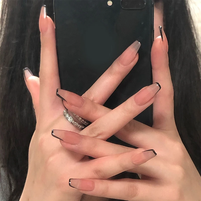 24pcs Black Border Nail Tips Acrylic Wear Long Paragraph Fashion Manicure Patch False Nails Save Time Wearable Stickers | Красота и