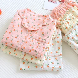 New Spring and Summer Ladies Pajamas Long-sleeved Trousers 100% Cotton Crepe Cute Little Orange Floral Cardigan Home Service Set