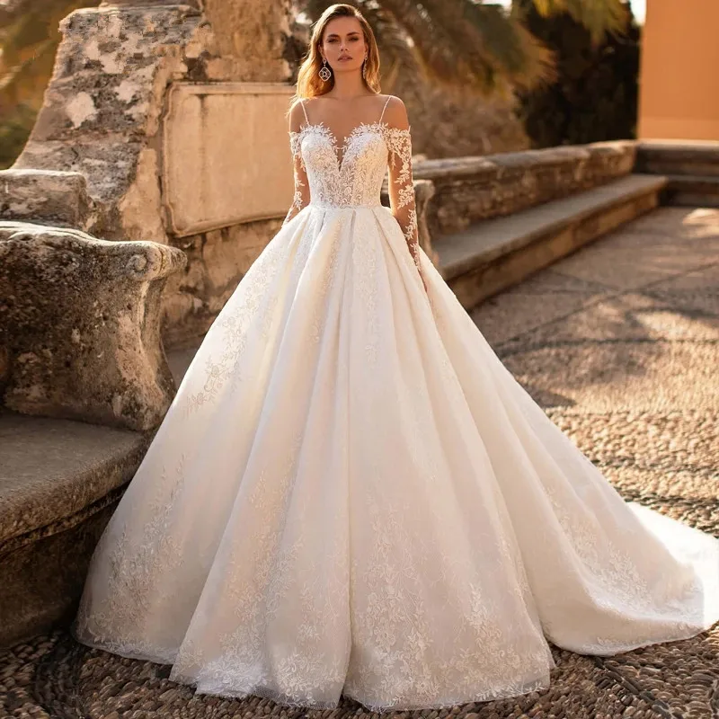 

Boho Wedding Dresses Ball Gown Spaghetti Straps Tulle Appliques Lace Dubai Arabic Wedding Gown Bridal Dress Vestido De Noiva