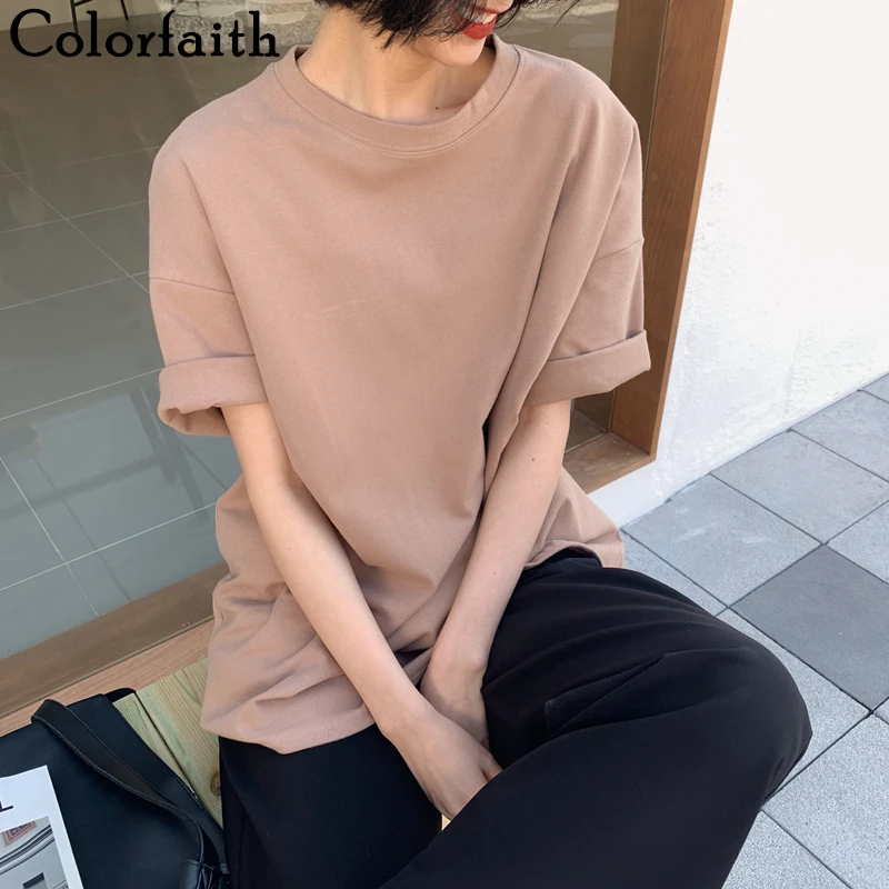 Colorfaith New 2021 Spring Summer Women 6 Colors T-shirt  Casual Long Sleeve Loose Bottoming Solid Female Basic Thick Tops T6789