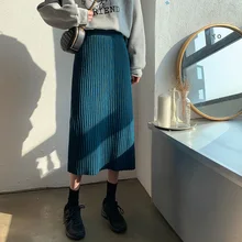 Однотонная трикотажная Женская плиссированная юбка осень зима Женская Толстая юбка миди элегантная винтажная Женская эластичная юбка-карандаш с высокой талией