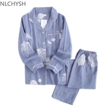Fresh pajamas sets women 100% gauze cotton Japanese summer long sleeve casual sleepwear women simple cute bear pyjamas