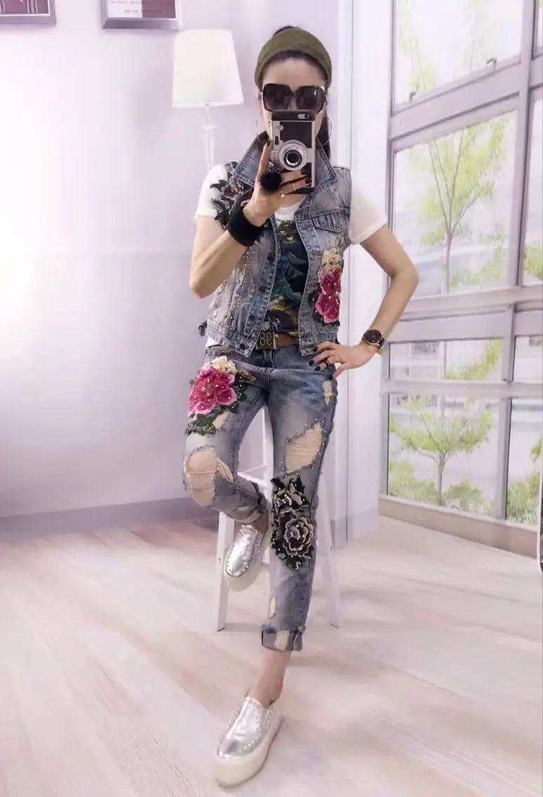 

New Women Flowers Embroidery Tracksuit 2 Piece Sets Beading Pattern Print Casual Sportswear Jacket Jeans Denim Set plus size