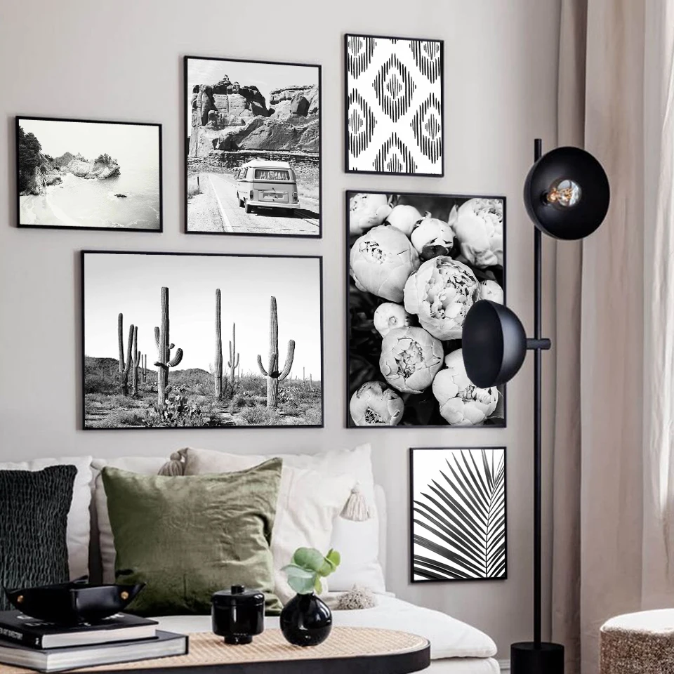 Camper Van Beach Print Flower Art Boho Decor Retro Black and White California Ocean Poster Prints Modern Living Room Picture | Дом и сад