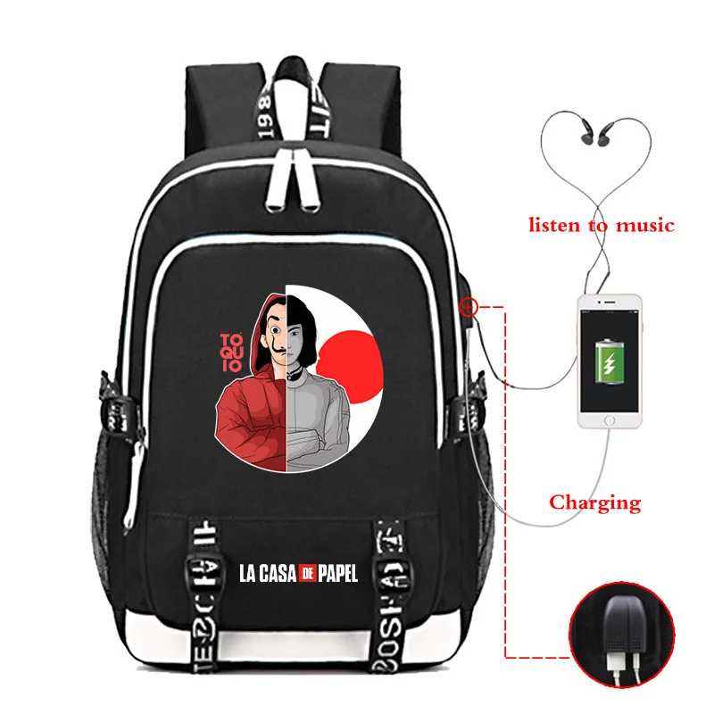 

New La casa DE papel notes house design printed USB charging students leisure backpack School Bag Travel Bags For Men Women