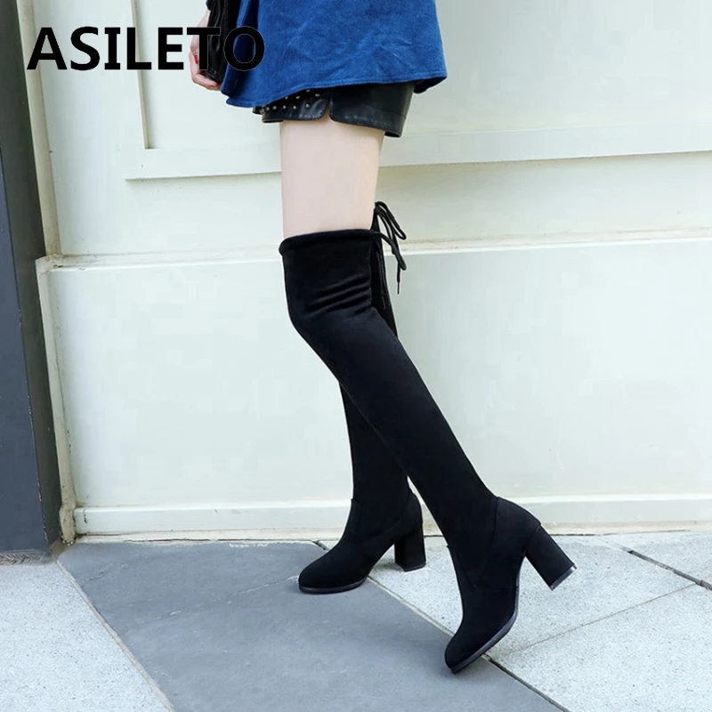 ASILETO/зимние теплые облегающие эластичные ботфорты с круглым носком на блочном