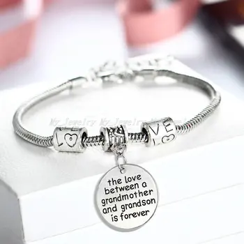 

12PC The Love Between A Grandmother And Grandson Is Forever Bracelets Round Pendant Love Bead Chain Bangles Family Party Gifts