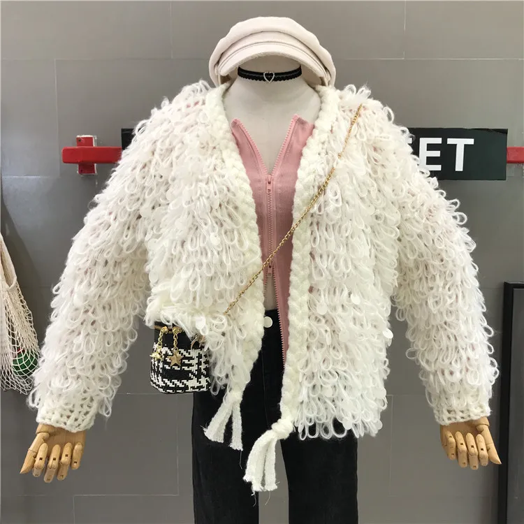 HAMALIEL, осенне-зимний женский вязаный кардиган, высокое качество, зеленый, переплетенный, вязаный, с блестками, с кисточками, длинный рукав, v-образный вырез, свитер, пальто - Цвет: Белый