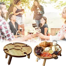 

Wooden Folding Picnic Table Portable Outdoor Stemware Storage Rack Camping Table Garden Furniture 2 In 1 with Wine Glass Holder