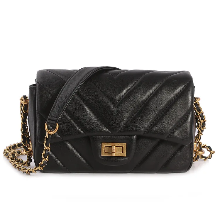 

2018 New Style Graceful Genuine Leather V Lattice Chain Bag Versitile Fashion Car Line One-Shoulder Inclined Wire Red WOMEN'S Ba