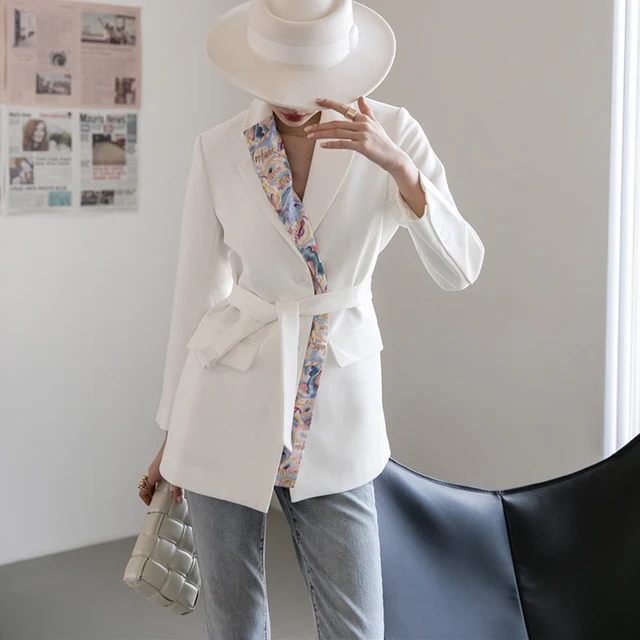 FTLZZ Spring Autumn Women Irregular Splicing Silk Scarf Blazer Lady Office Lapel Slim Jacket Plus Size Fashion Coat with Belt 3