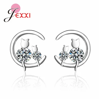 

Korean Trend Simple Piercing 925 Sterling Silver Stud Earrings For Women Cubic Zirconia Cute Lover Moon Cats Gift Jewelry