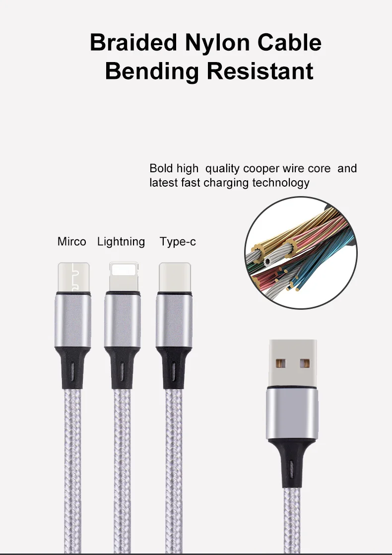 SENICC 3 в 1 быстрая зарядка USB кабель Micro usb type-C Осветляющий кабель для Android мобильного телефона samsung S9 iPhone XS X 8 7 6