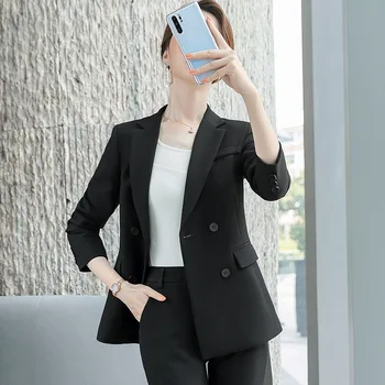 

2020 Autumn Winter Pants Suits Women Black Apricot Formal Long Sleeve Slim Blazer and Pants Office Ladies Professional Work Wear